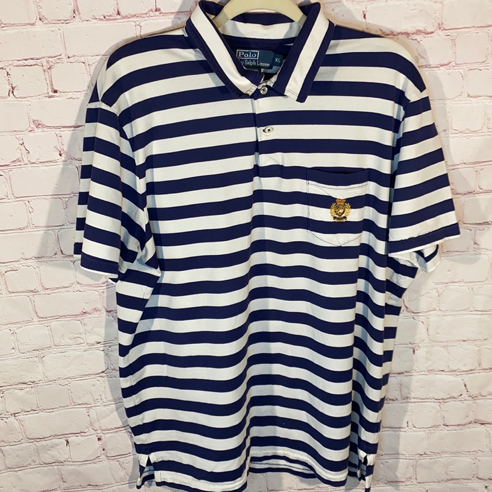 Men’s blue and white stripe Polo by Ralph Lauren short sleeve shirt size XL